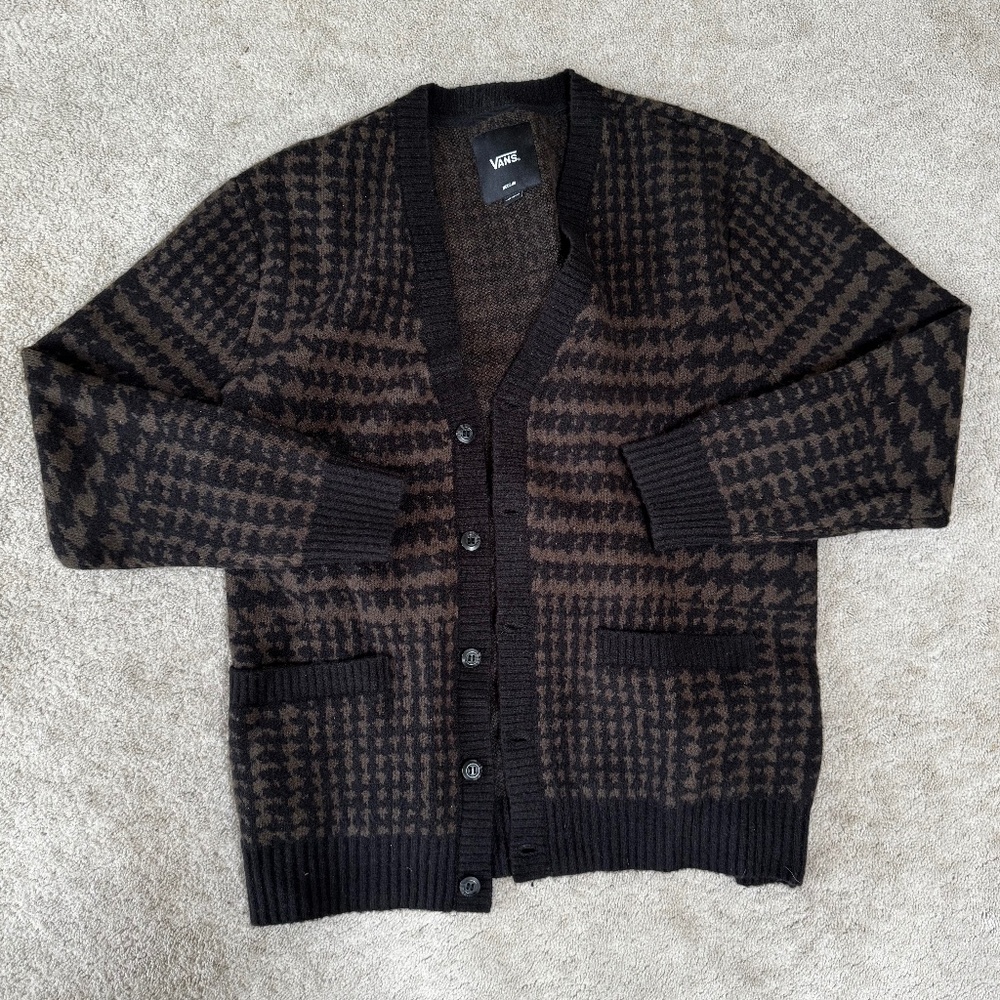 Van's Men's Cardigan - Size Medium - Brown and Tan Houndstooth